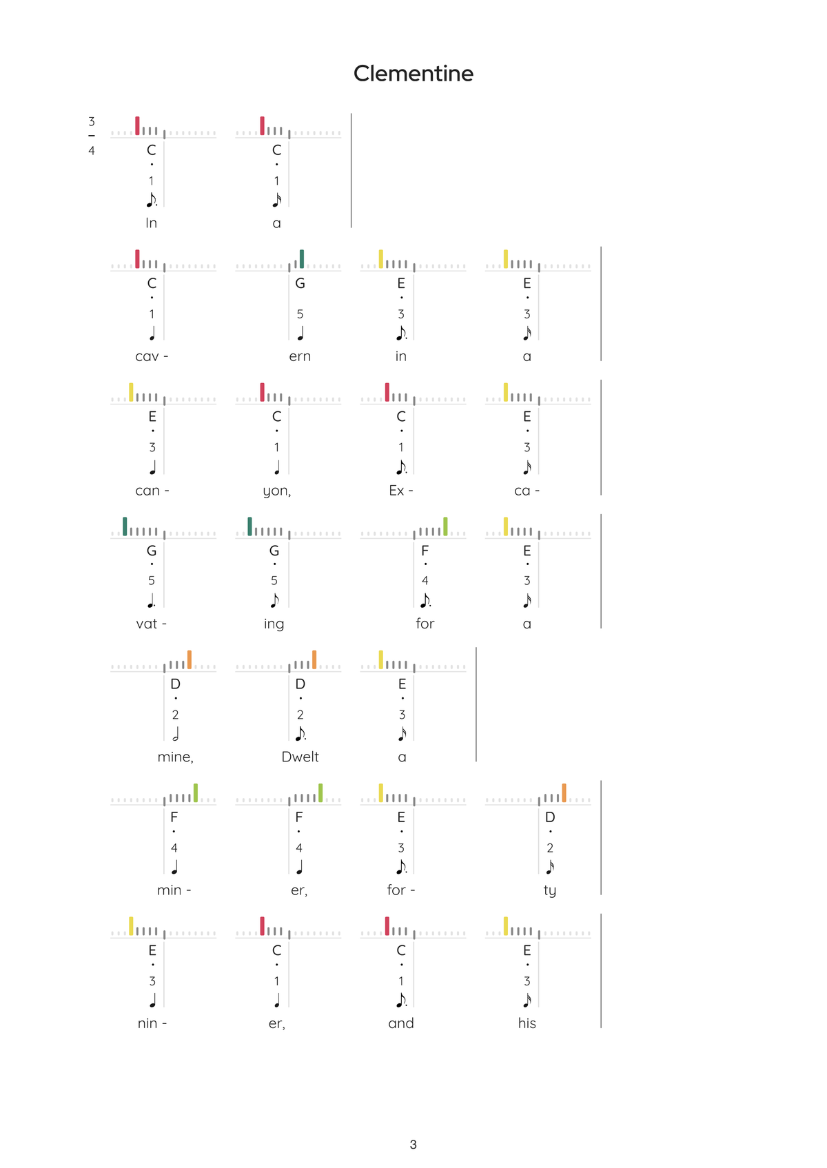 Colour-coded kalimba sheet music for Clementine — free sample page